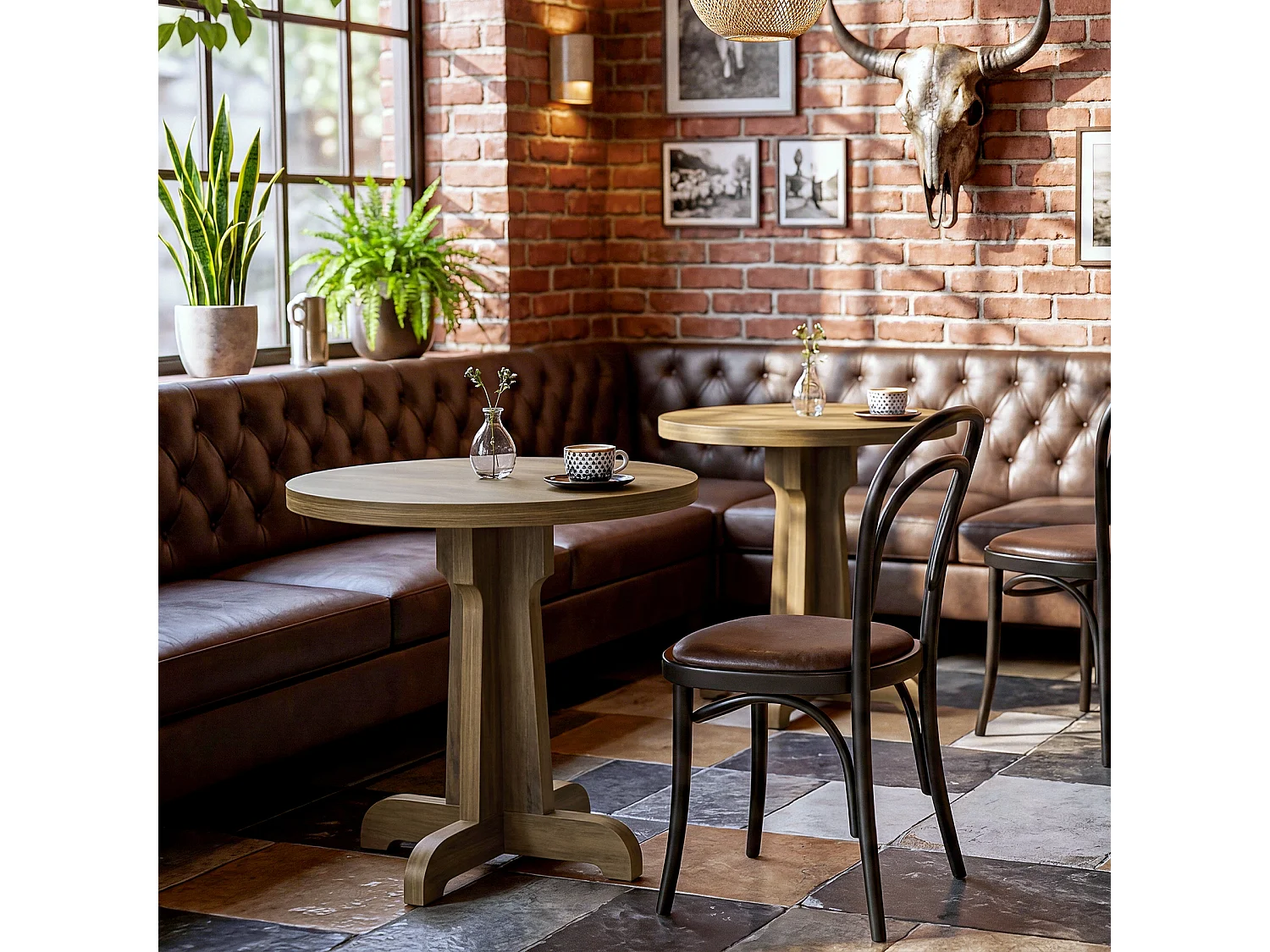 Table ronde de 60 cm pour 2 personnes, idéale pour salle à manger, bar, café ou petit appartement (marron).