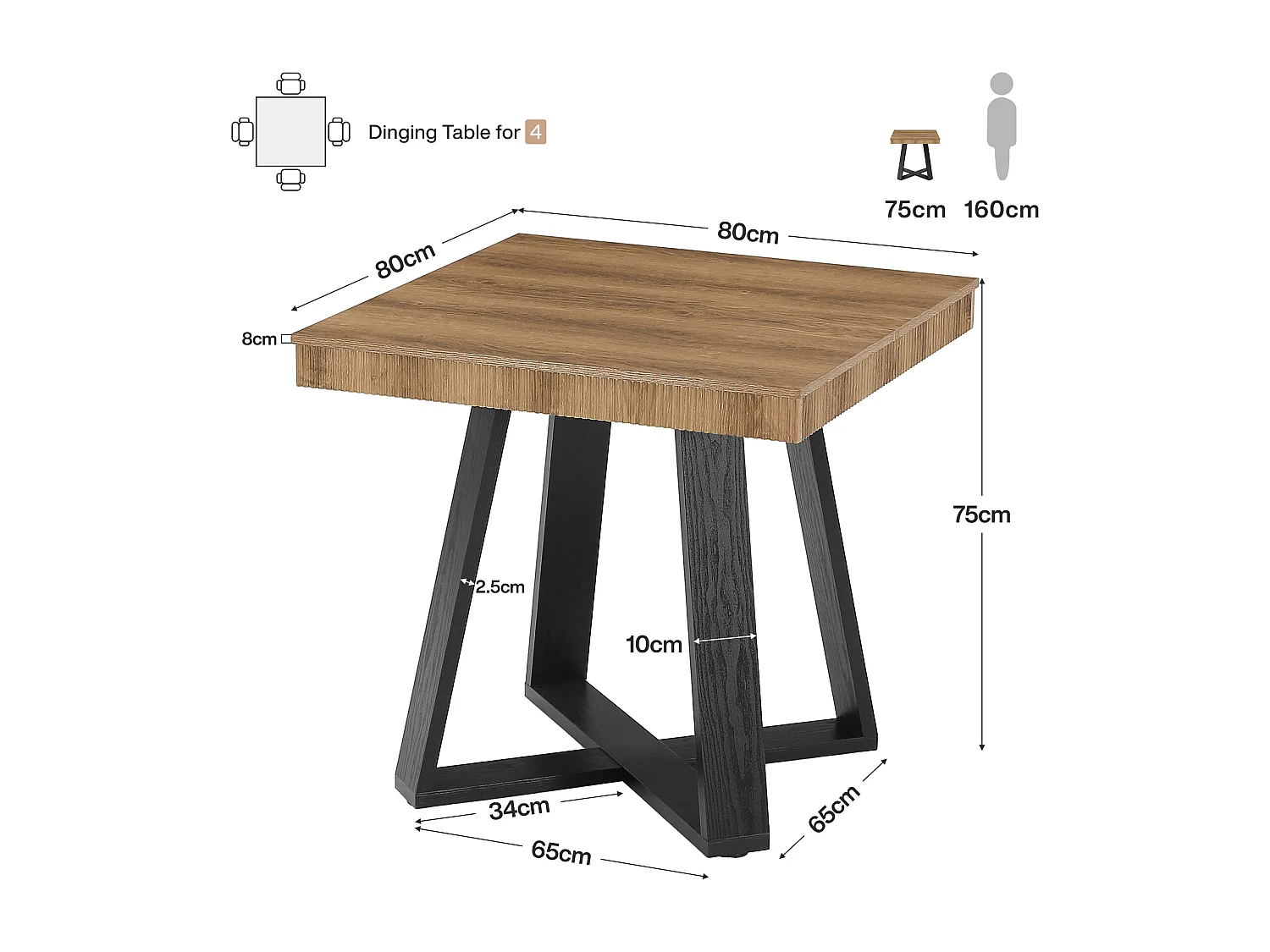 Table de salle à manger carrée de 80 cm pour 4 personnes, table de cuisine rustique en bois avec bord cannelé et piètement en X robuste