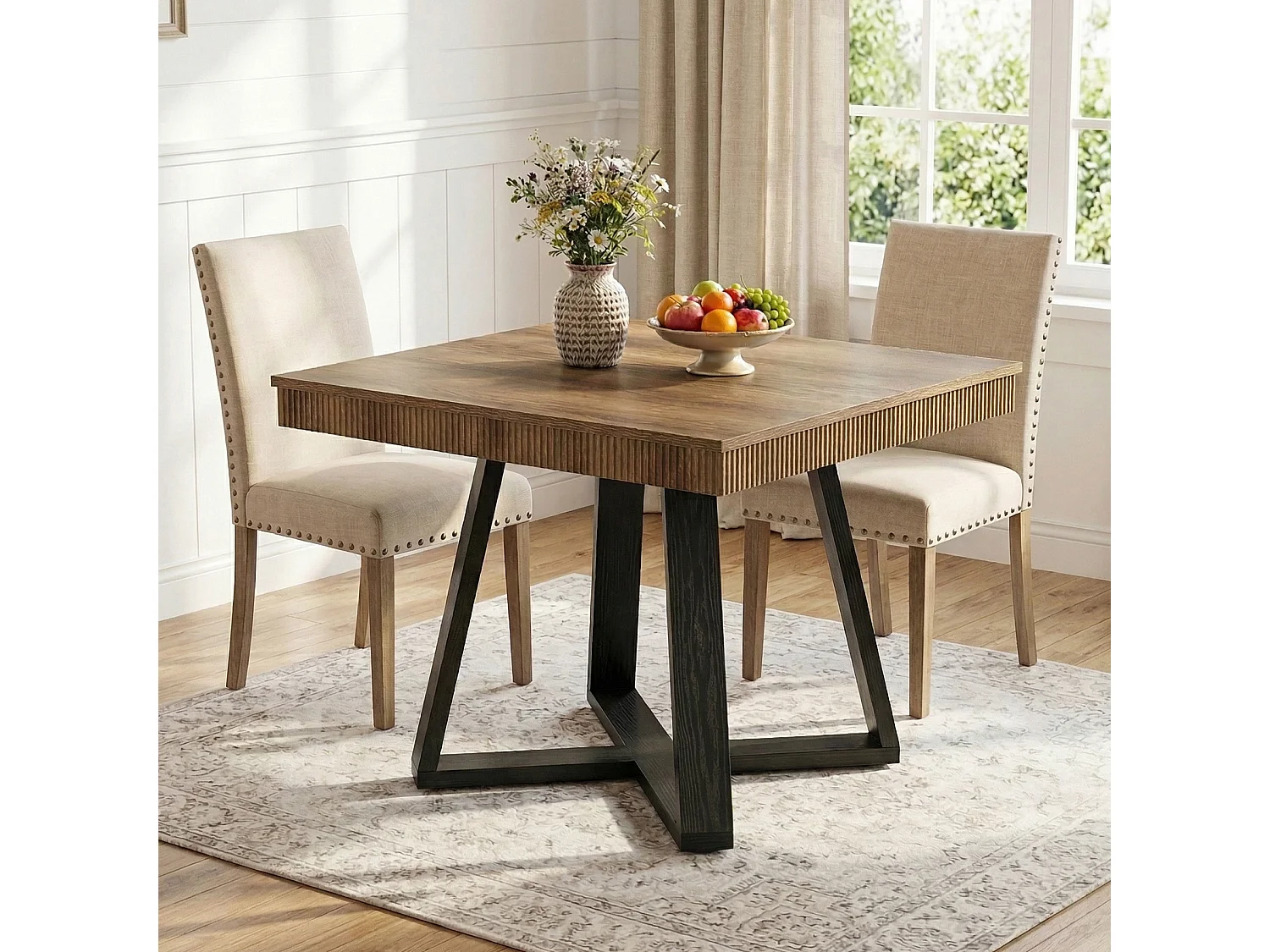 Table de salle à manger carrée de 80 cm pour 4 personnes, table de cuisine rustique en bois avec bord cannelé et piètement en X robuste