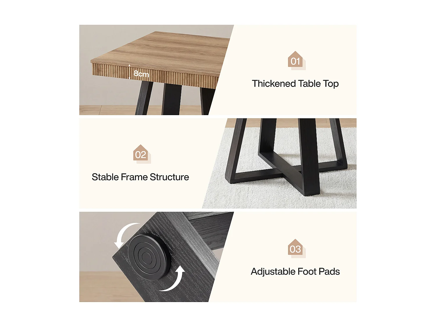 Table de salle à manger carrée de 80 cm pour 4 personnes, table de cuisine rustique en bois avec bord cannelé et piètement en X robuste