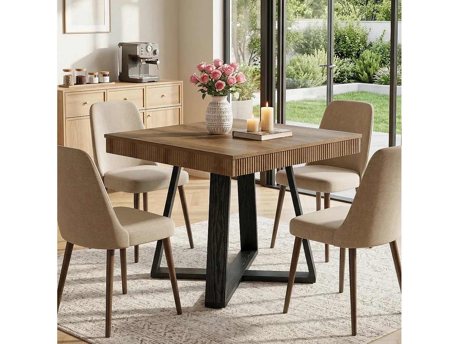 Table de salle à manger carrée de 80 cm pour 4 personnes, table de cuisine rustique en bois avec bord cannelé et piètement en X robuste