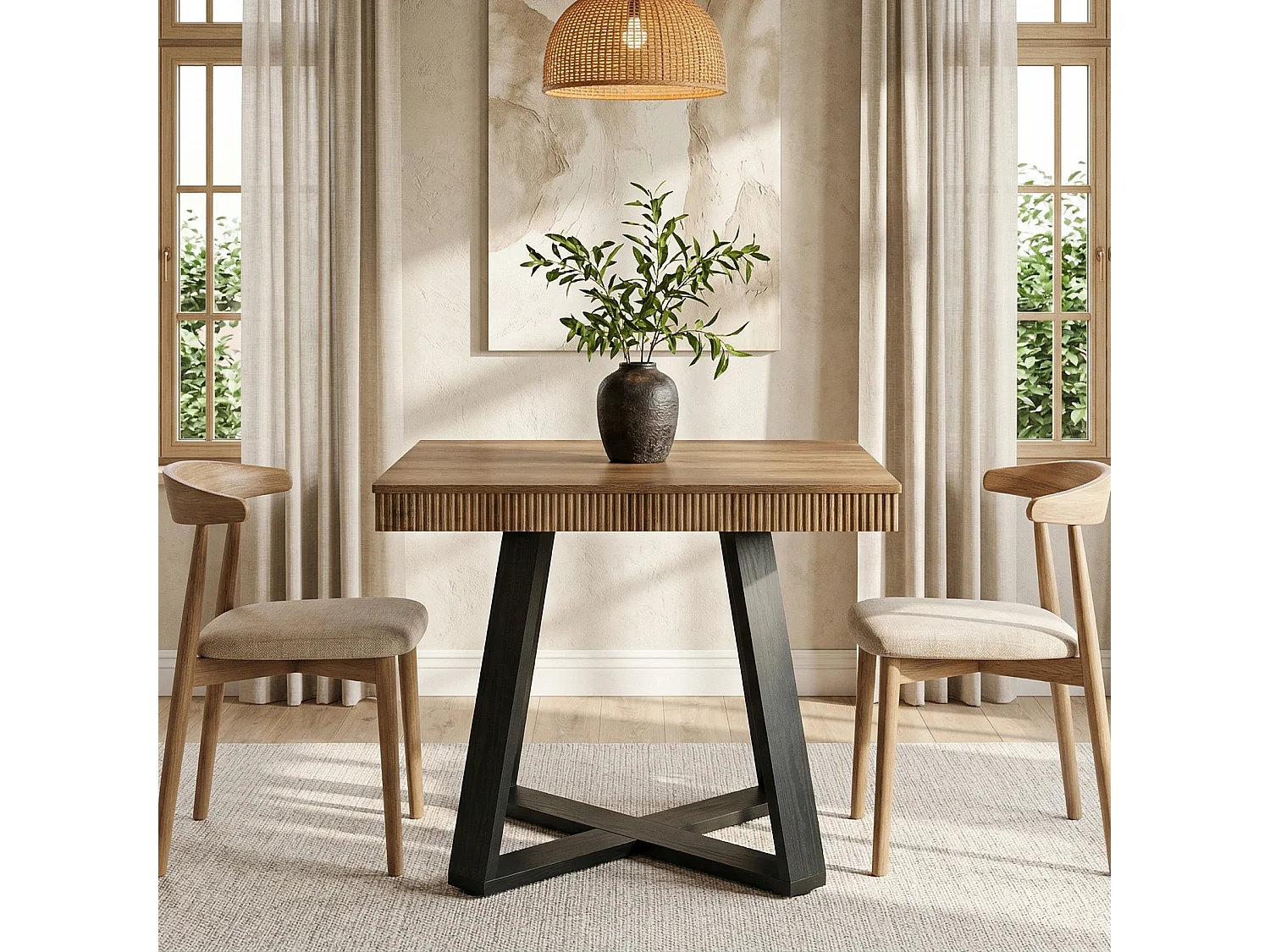 Table de salle à manger carrée de 80 cm pour 4 personnes, table de cuisine rustique en bois avec bord cannelé et piètement en X robuste