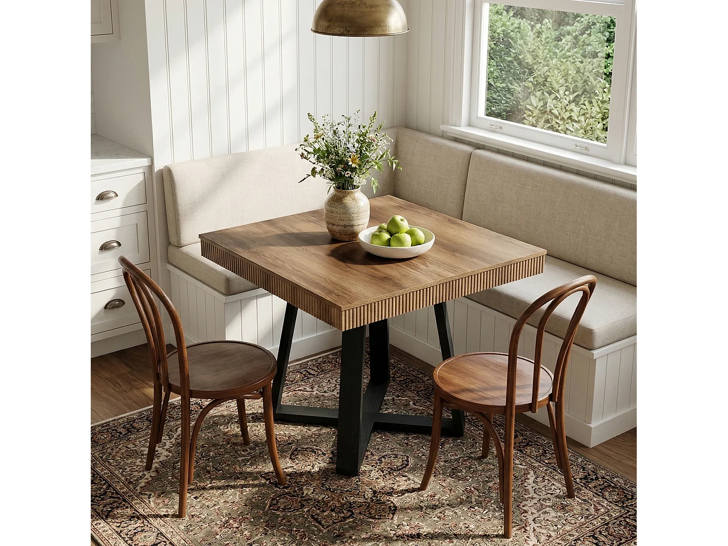 Table de salle à manger carrée de 80 cm pour 4 personnes, table de cuisine rustique en bois avec bord cannelé et piètement en X robuste