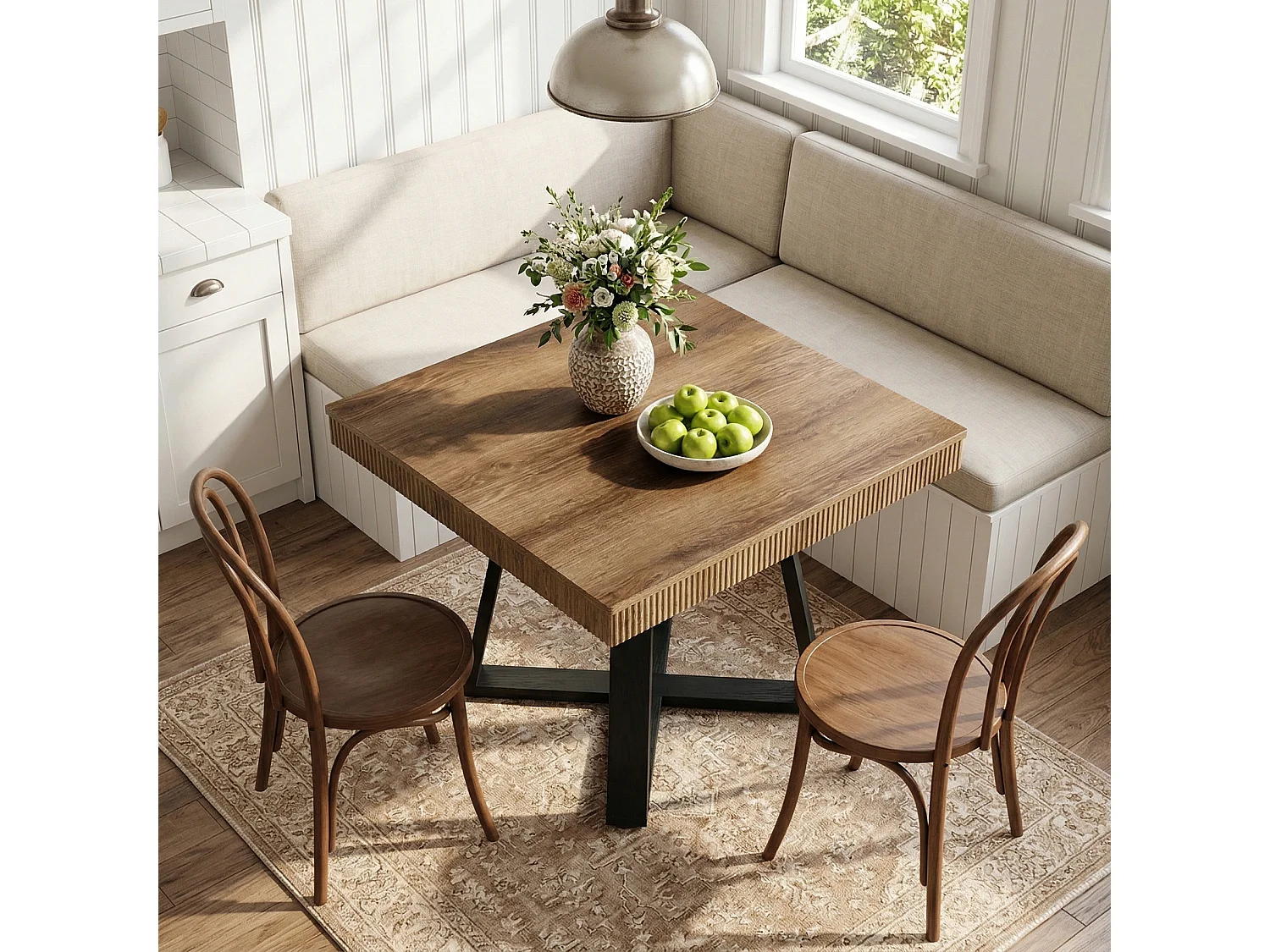 Table de salle à manger carrée de 80 cm pour 4 personnes, table de cuisine rustique en bois avec bord cannelé et piètement en X robuste