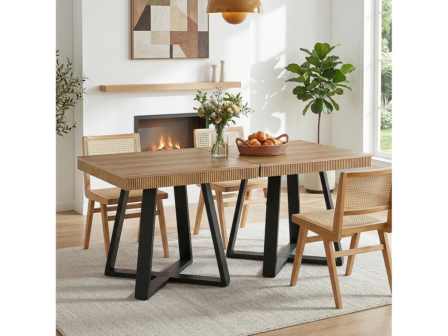 Table de salle à manger carrée de 80 cm pour 4 personnes, table de cuisine rustique en bois avec bord cannelé et piètement en X robuste