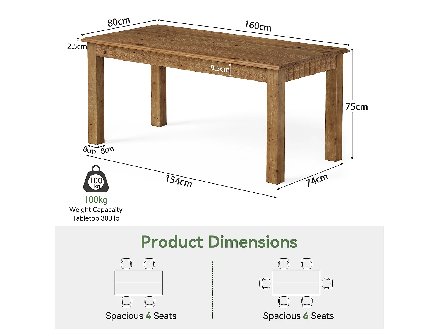 Table de salle à manger rectangulaire en bois massif de 160 cm pour 6 personnes, style campagnard, avec pieds robustes.