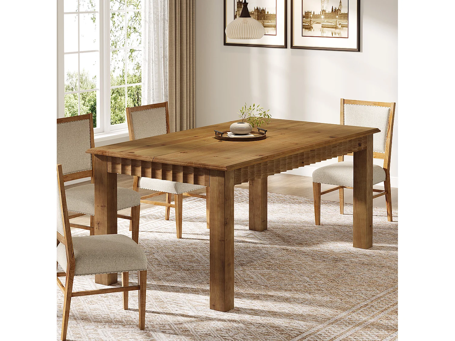 Table de salle à manger rectangulaire en bois massif de 160 cm pour 6 personnes, style campagnard, avec pieds robustes.