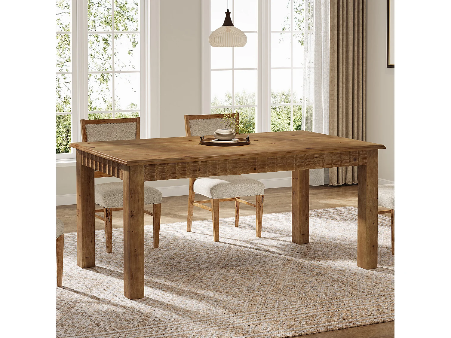 Table de salle à manger rectangulaire en bois massif de 160 cm pour 6 personnes, style campagnard, avec pieds robustes.