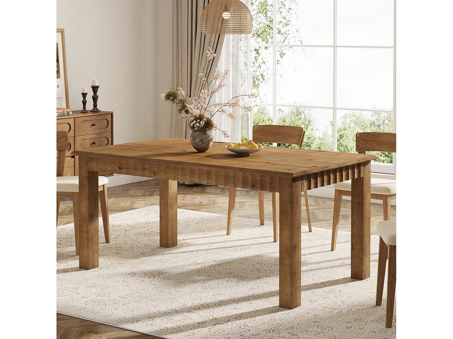 Table de salle à manger rectangulaire en bois massif de 160 cm pour 6 personnes, style campagnard, avec pieds robustes.
