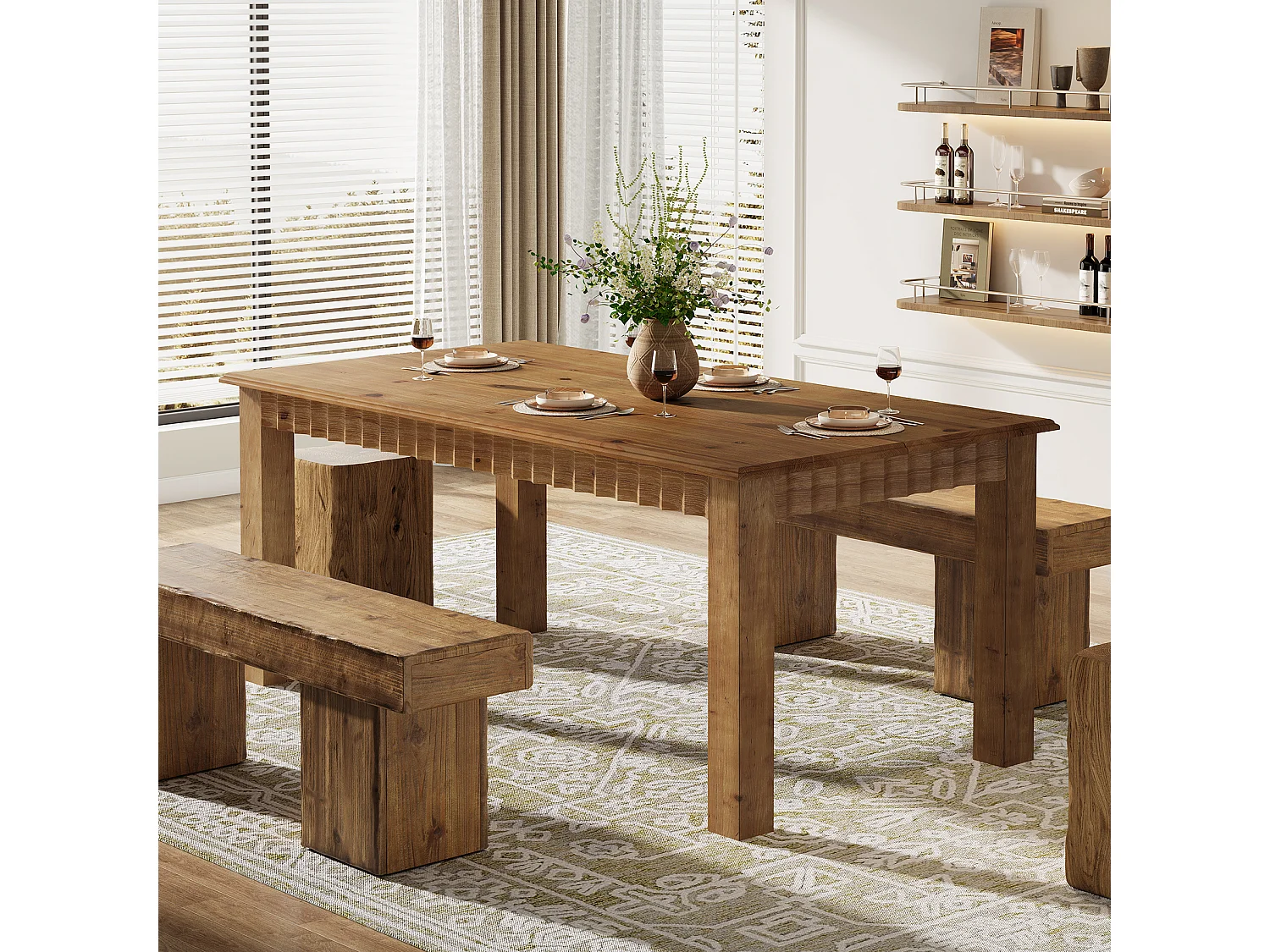 Table de salle à manger rectangulaire en bois massif de 160 cm pour 6 personnes, style campagnard, avec pieds robustes.