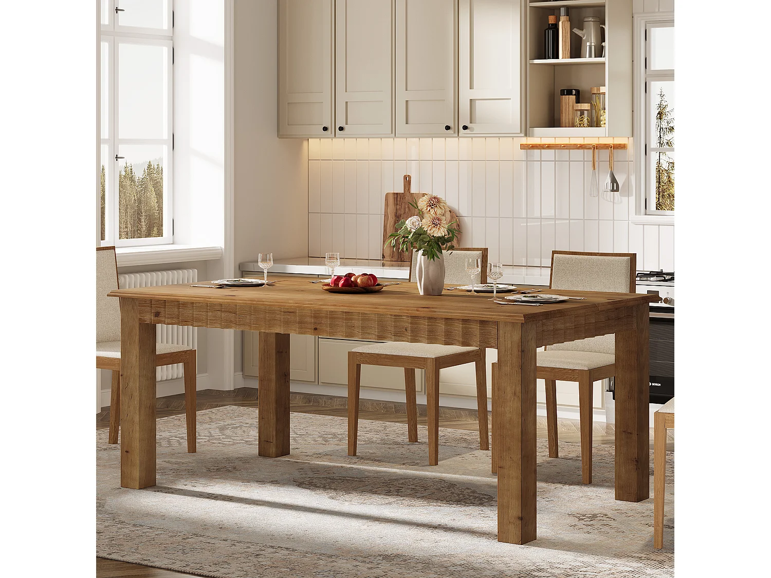 Table de salle à manger rectangulaire en bois massif de 160 cm pour 6 personnes, style campagnard, avec pieds robustes.