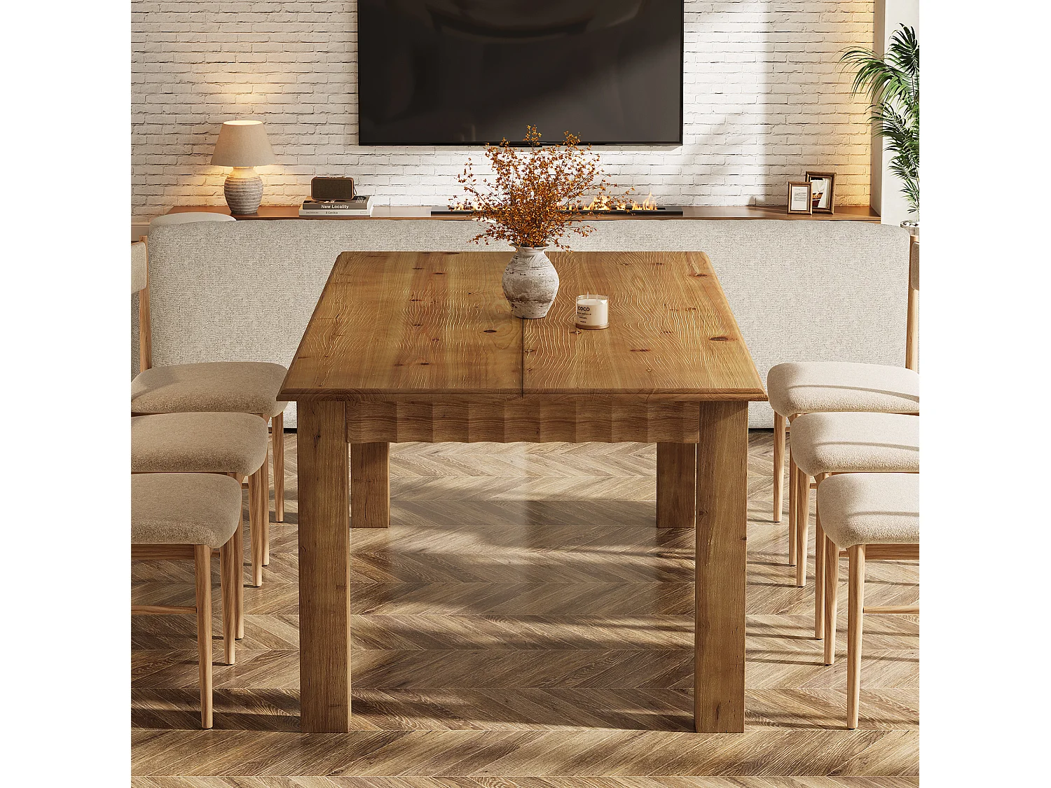 Table de salle à manger rectangulaire en bois massif de 160 cm pour 6 personnes, style campagnard, avec pieds robustes.