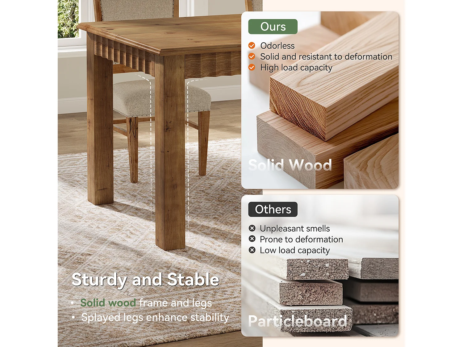 Table de salle à manger rectangulaire en bois massif de 160 cm pour 6 personnes, style campagnard, avec pieds robustes.