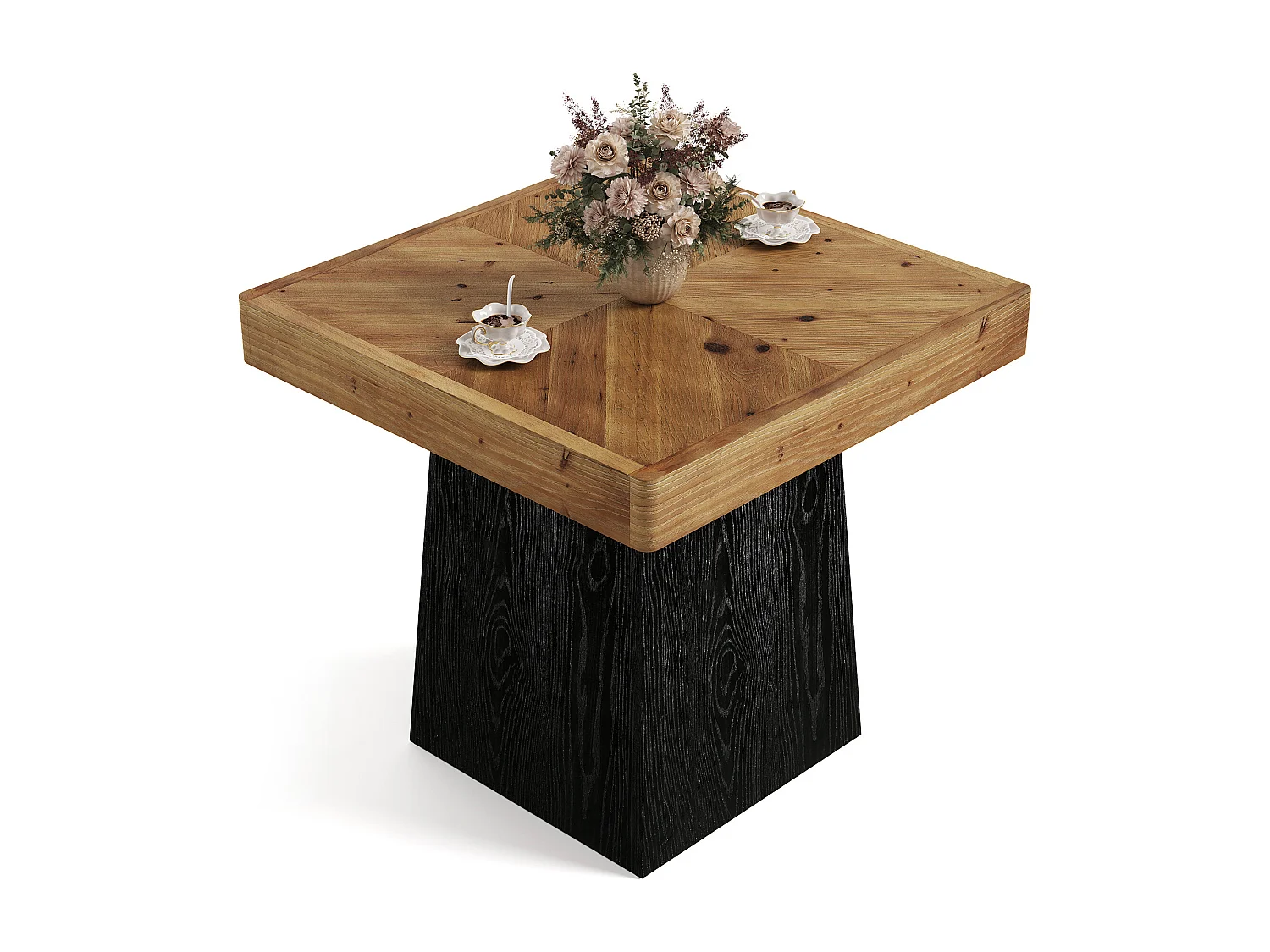 Table de salle à manger carrée en bois massif pour 2 à 4 personnes, 80 cm, style industriel, plateau en parquet.