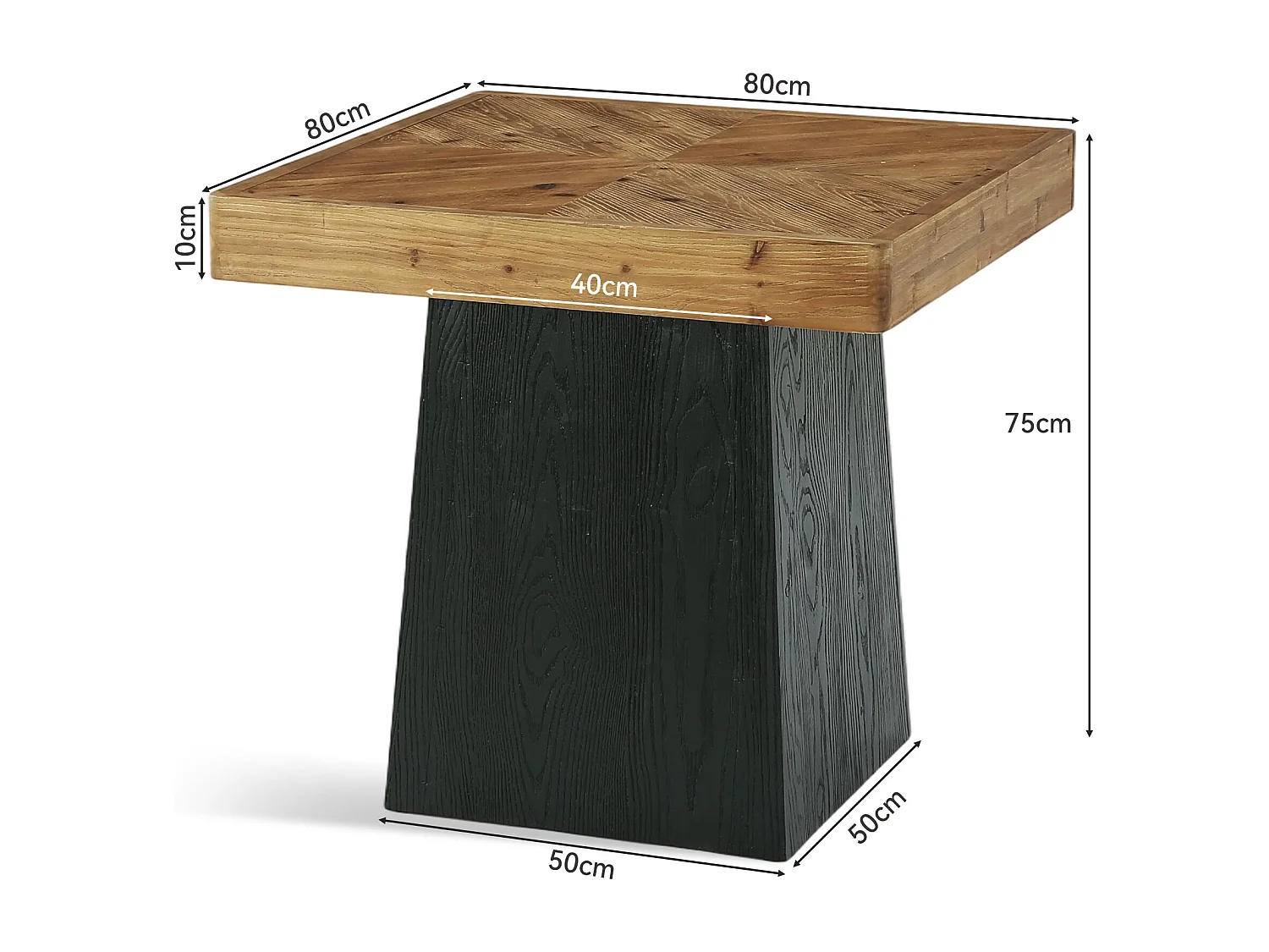 Table de salle à manger carrée en bois massif pour 2 à 4 personnes, 80 cm, style industriel, plateau en parquet.