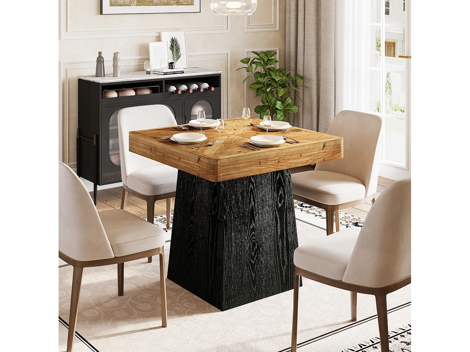 Table de salle à manger carrée en bois massif pour 2 à 4 personnes, 80 cm, style industriel, plateau en parquet.