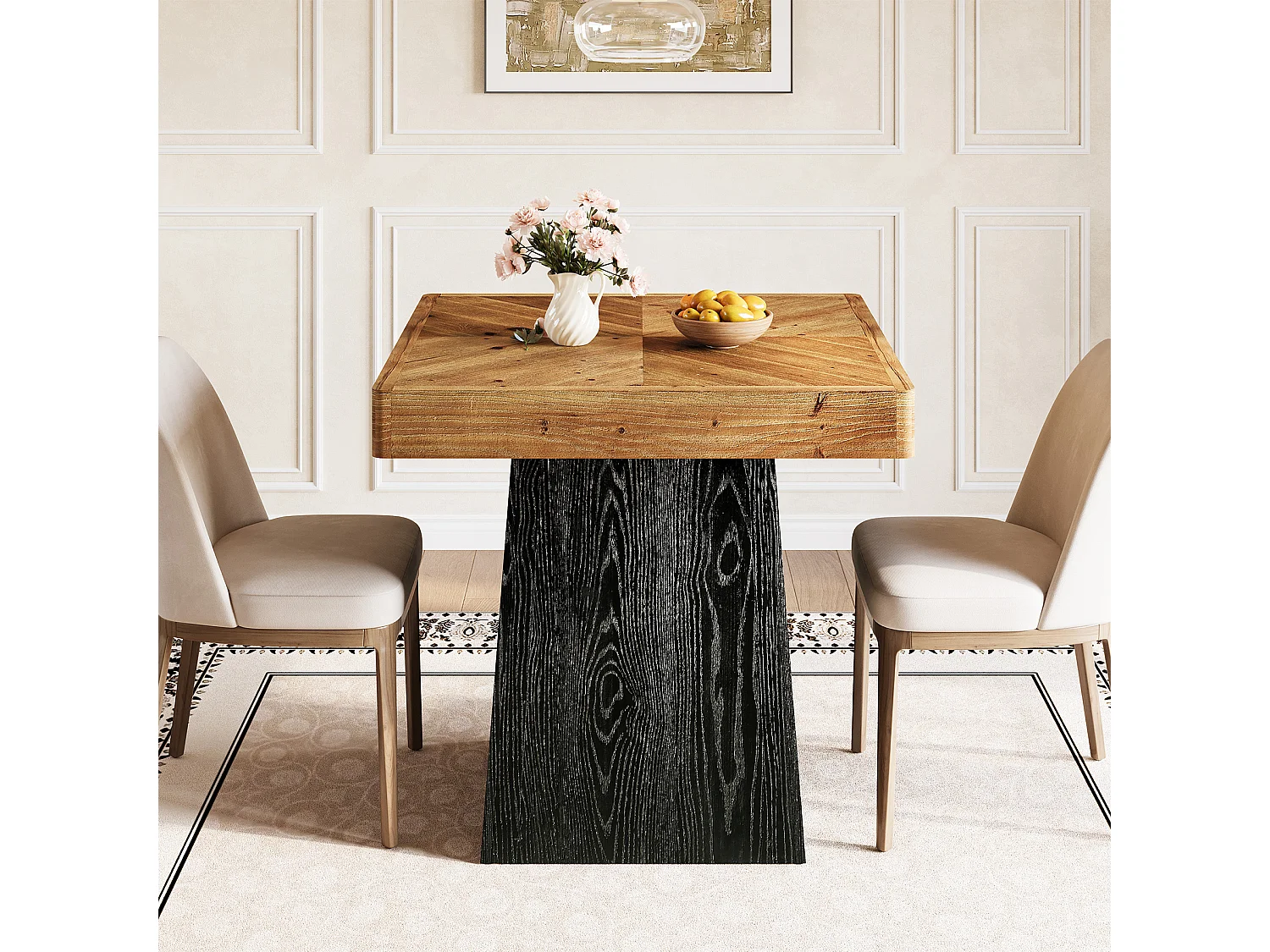 Table de salle à manger carrée en bois massif pour 2 à 4 personnes, 80 cm, style industriel, plateau en parquet.
