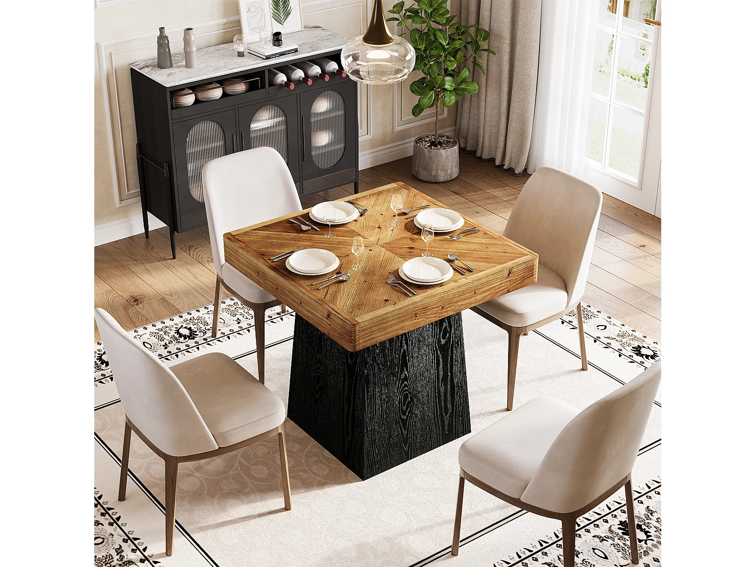 Table de salle à manger carrée en bois massif pour 2 à 4 personnes, 80 cm, style industriel, plateau en parquet.