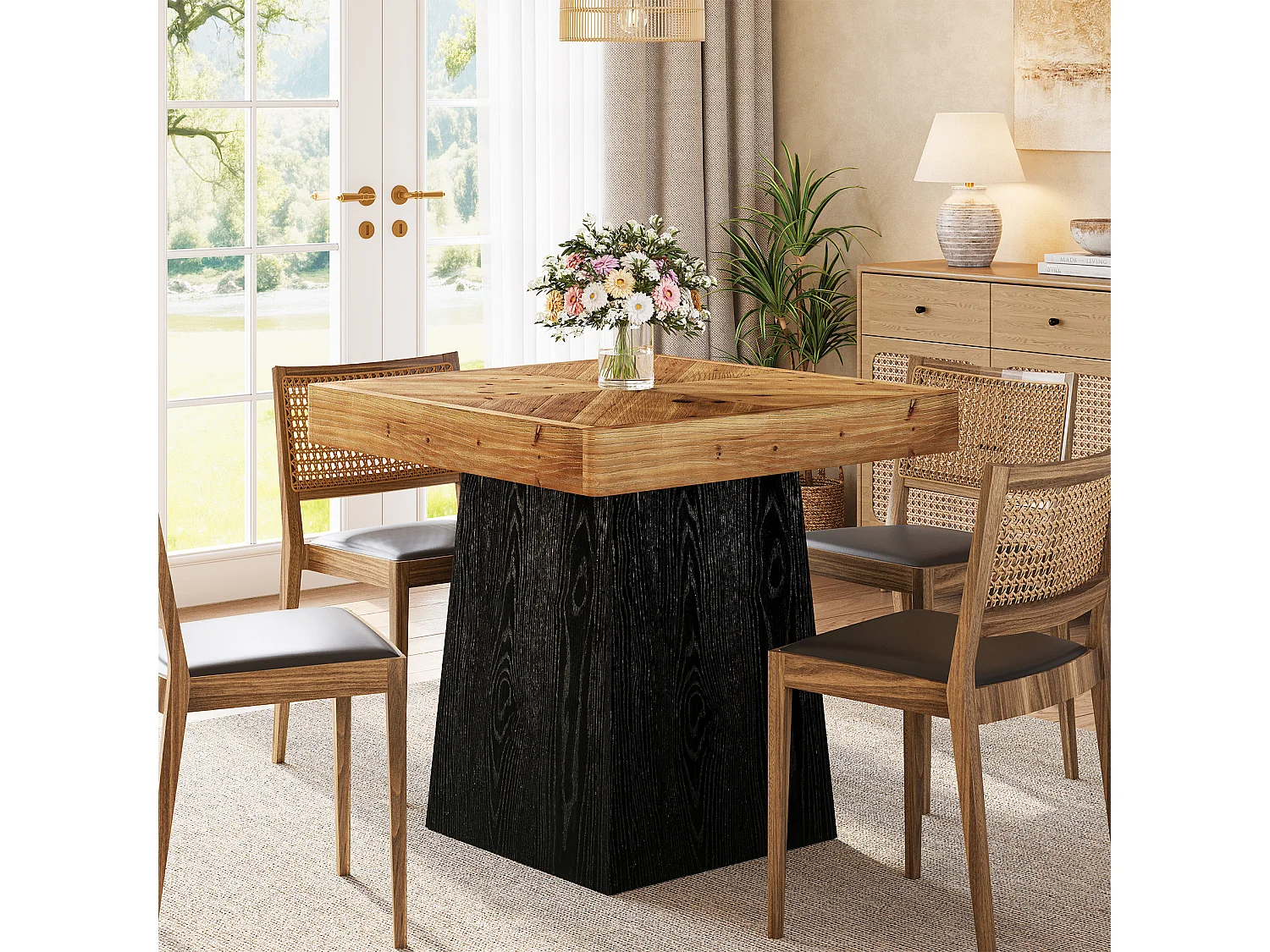 Table de salle à manger carrée en bois massif pour 2 à 4 personnes, 80 cm, style industriel, plateau en parquet.