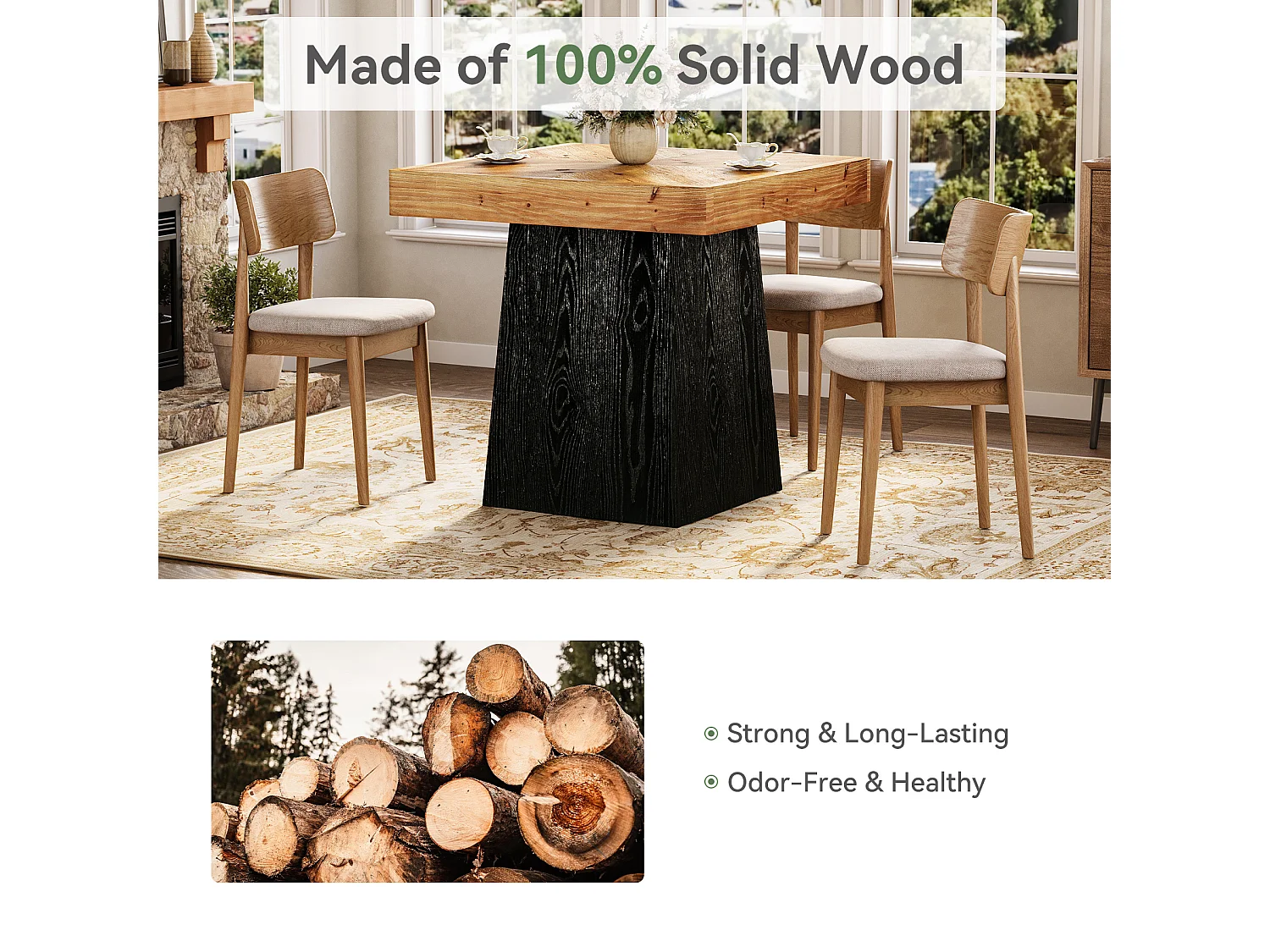 Table de salle à manger carrée en bois massif pour 2 à 4 personnes, 80 cm, style industriel, plateau en parquet.