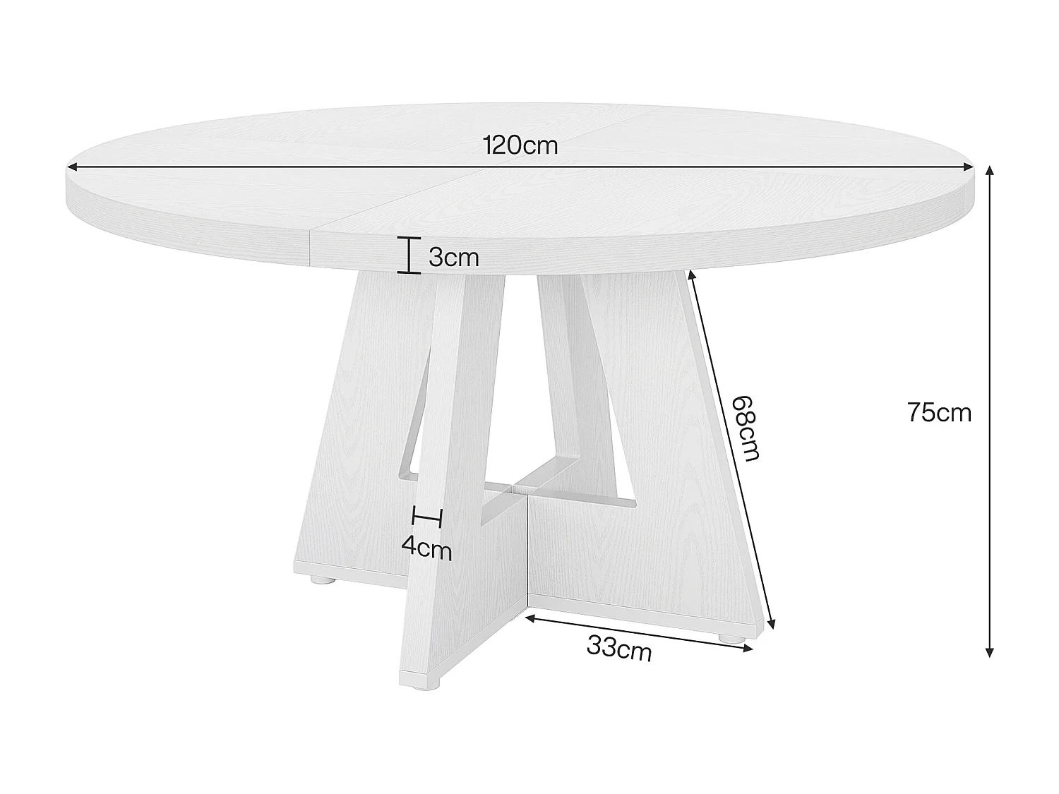Table de salle à manger de style campagnard, ronde, 120 cm, blanche, pour 4 personnes