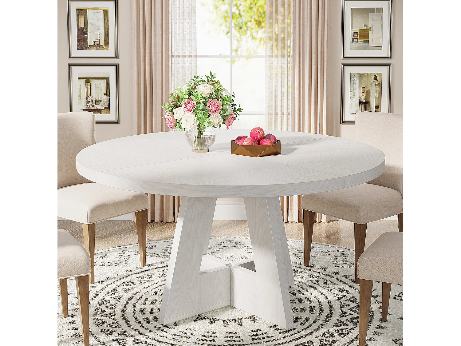 Table de salle à manger de style campagnard, ronde, 120 cm, blanche, pour 4 personnes