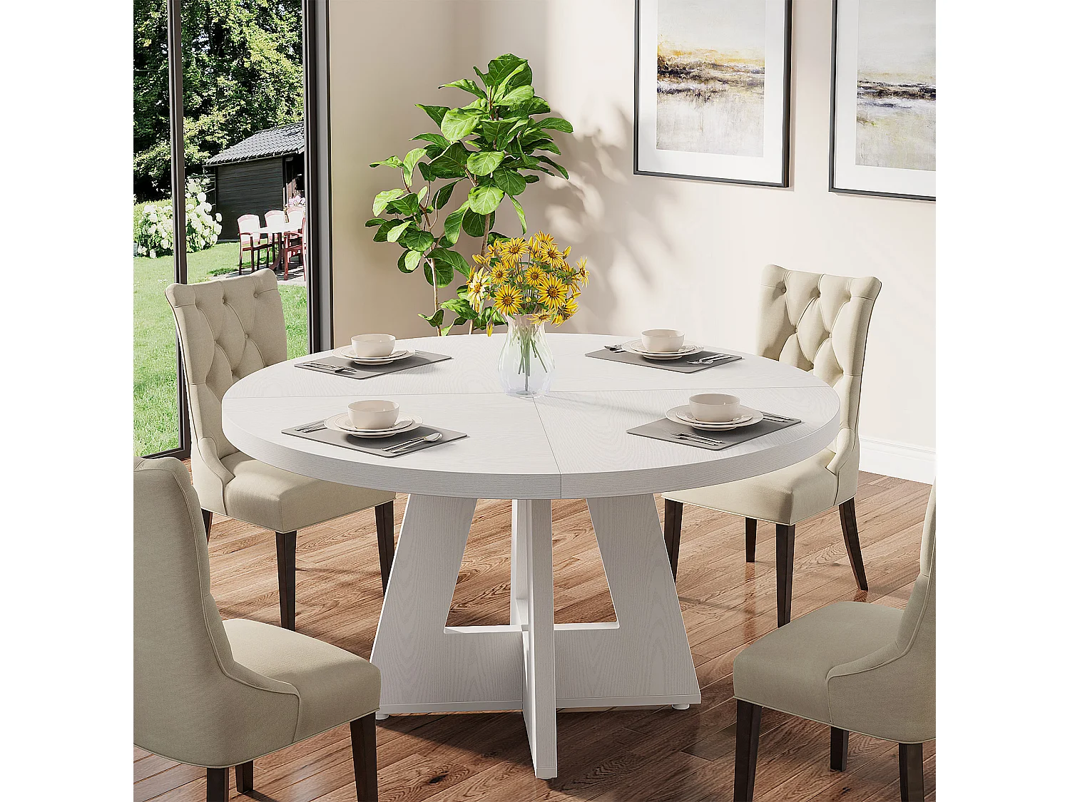 Table de salle à manger de style campagnard, ronde, 120 cm, blanche, pour 4 personnes