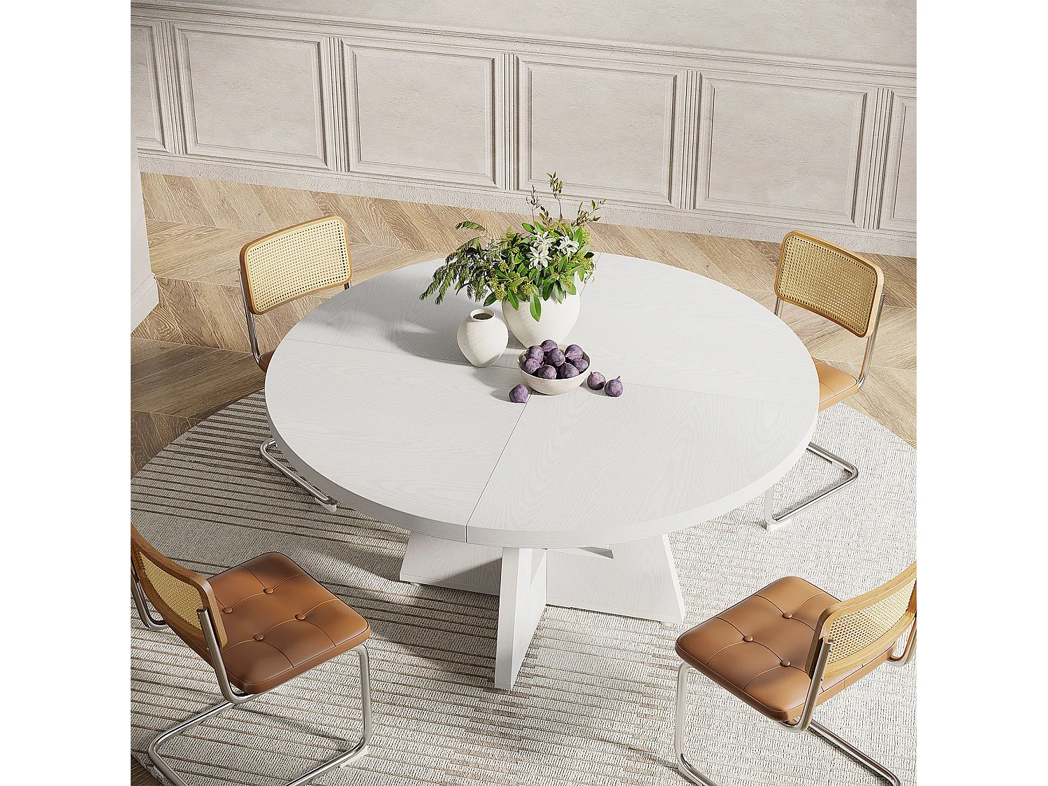 Table de salle à manger de style campagnard, ronde, 120 cm, blanche, pour 4 personnes