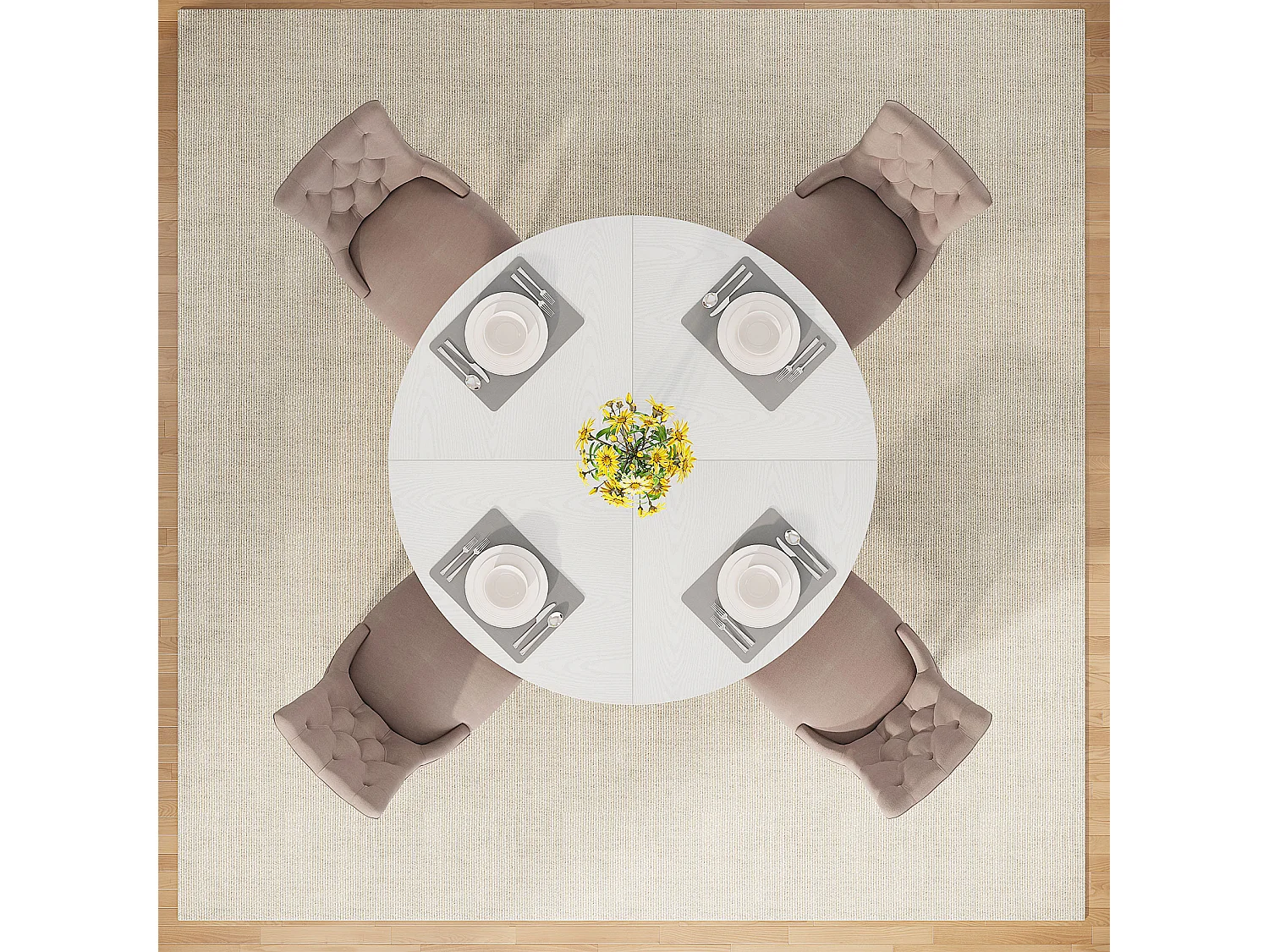 Table de salle à manger de style campagnard, ronde, 120 cm, blanche, pour 4 personnes