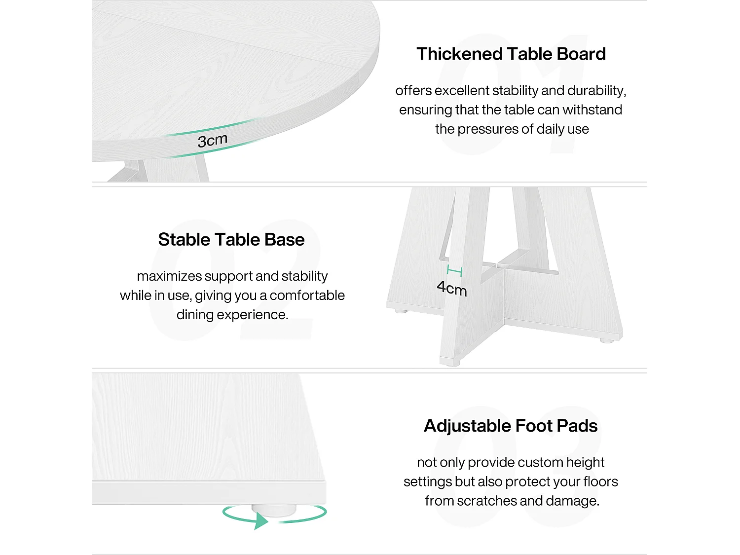 Table de salle à manger de style campagnard, ronde, 120 cm, blanche, pour 4 personnes