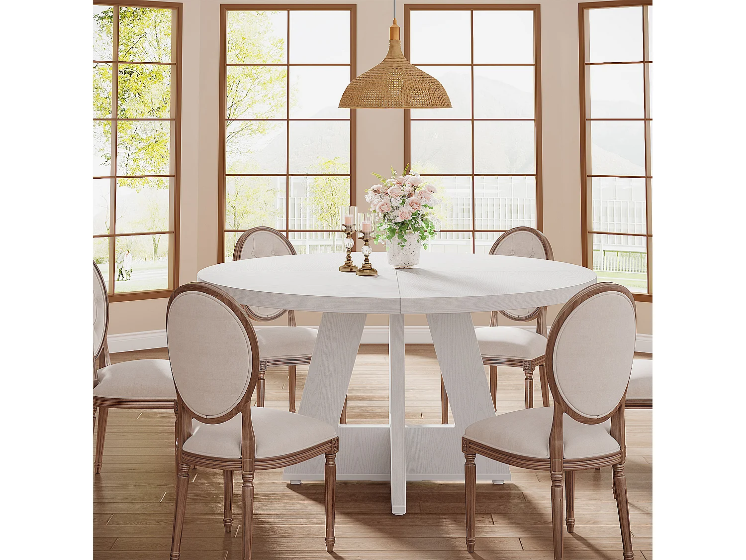 Table de salle à manger de style campagnard, ronde, 120 cm, blanche, pour 4 personnes