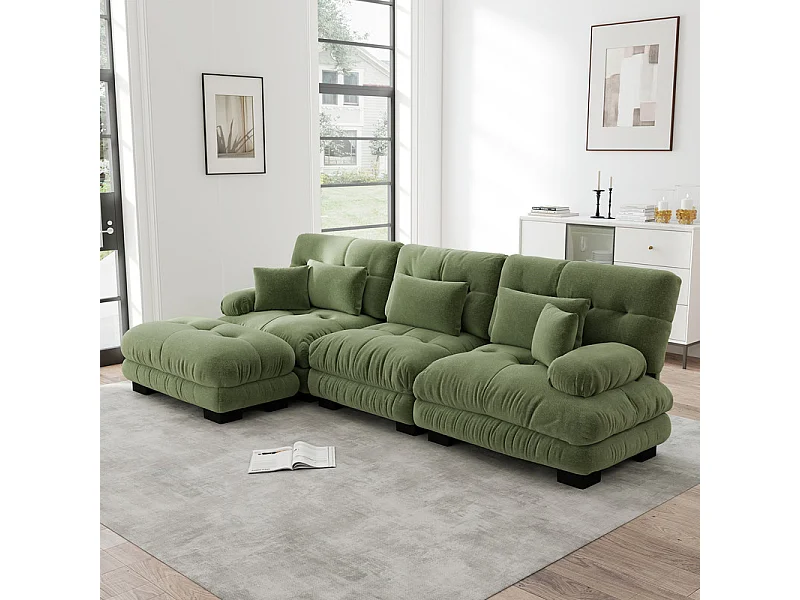 Canapé 3 places d'angle, avec pouf, structure en bois massif et revêtement en chenille, 313x145x81cm, Vert