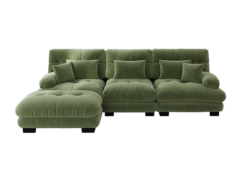3-zits hoekbank, met poef, massief houten structuur en chenille bekleding, 313x145x81cm, Groen