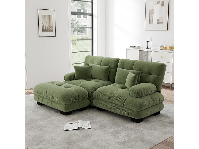 Canapé 2 places d'angle, avec pouf, structure en bois massif et revêtement en chenille, 220x145x81cm, Vert