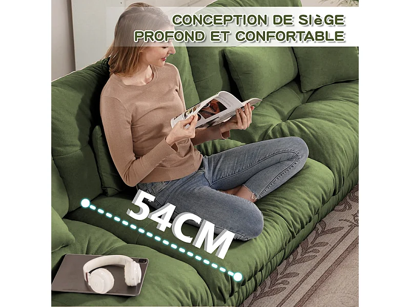 Canapé 2 places d'angle, avec pouf, structure en bois massif et revêtement en chenille, 220x145x81cm, Vert