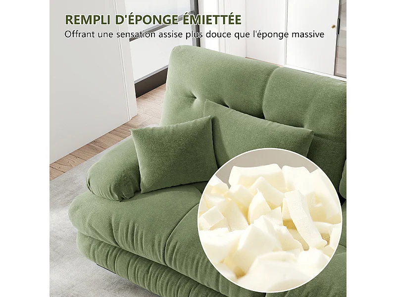 Canapé 2 places d'angle, avec pouf, structure en bois massif et revêtement en chenille, 220x145x81cm, Vert