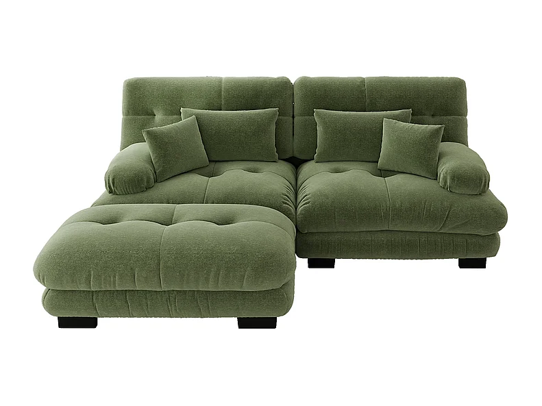 2-zits hoekbank, met poef, massief houten structuur en chenille bekleding, 220x145x81cm, Groen