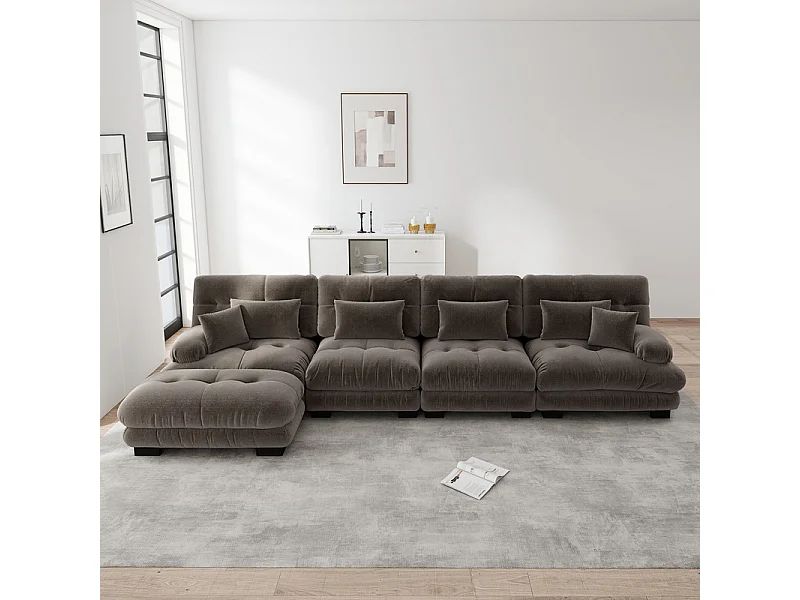 Canapé 4 places d'angle en tissu chenille, forme en L, avec pouf, 406x145x81cm, Marron