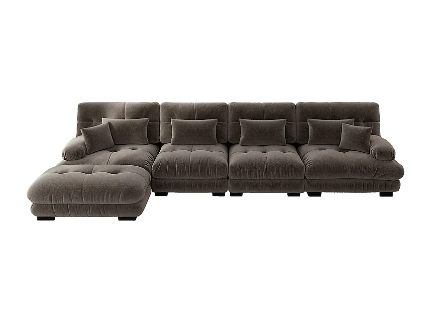 4-zits L-vormige hoekbank van chenillestof, met poef, 406x145x81cm, Bruin