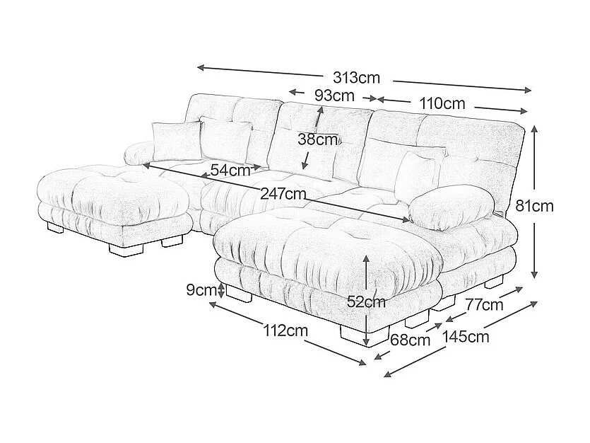 Canapé 3 places d'angle  en U de 313 cm, avec 2 poufs, en tissu chenille, Vert