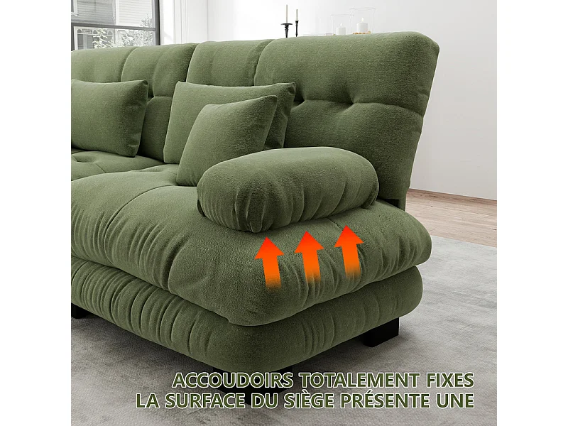 Canapé 3 places d'angle  en U de 313 cm, avec 2 poufs, en tissu chenille, Vert