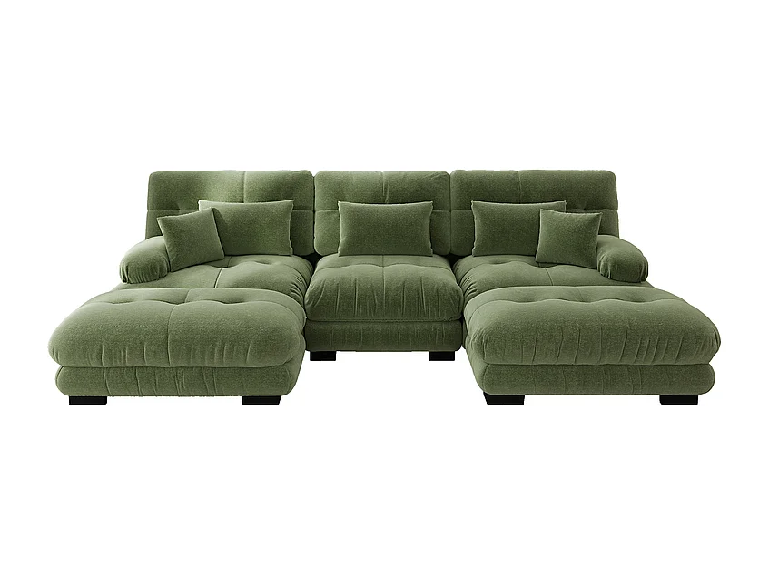 3-zits U-vormige hoekbank van 313 cm, met 2 poefs, van chenillestof, Groen