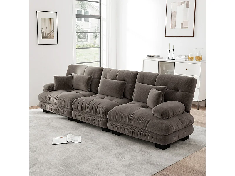 Canapé 3 places en tissu chenille, avec cossins et oreillers, 313x77x81cm, Marron