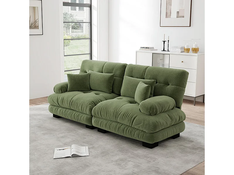 Canapé 2 places en tissu chenille, avec cossins et oreillers, 220x77x81cm, Vert