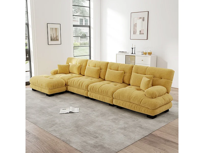 Canapé 4 places d'angle en tissu chenille, forme en L, avec pouf, 406x145x81cm, Jaune