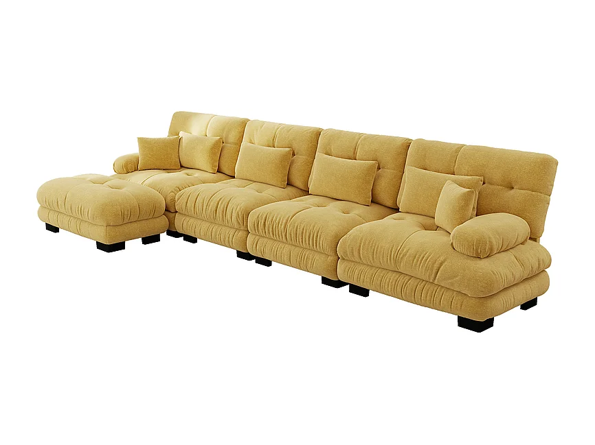 4-zits L-vormige hoekbank van chenillestof, met poef, 406x145x81cm, Geel
