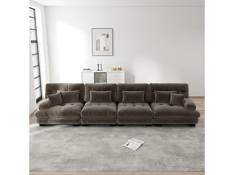 Canapé 4 places en tissu chenille, avec cossins et oreillers, 406x77x81cm, Marron