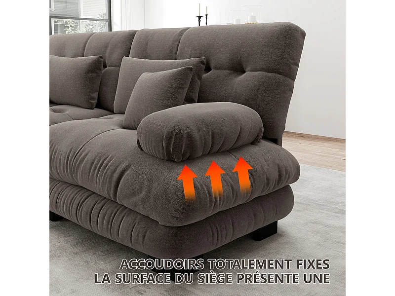 Canapé 4 places en tissu chenille, avec cossins et oreillers, 406x77x81cm, Marron