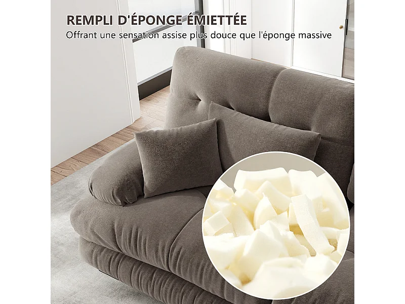 Canapé 4 places en tissu chenille, avec cossins et oreillers, 406x77x81cm, Marron