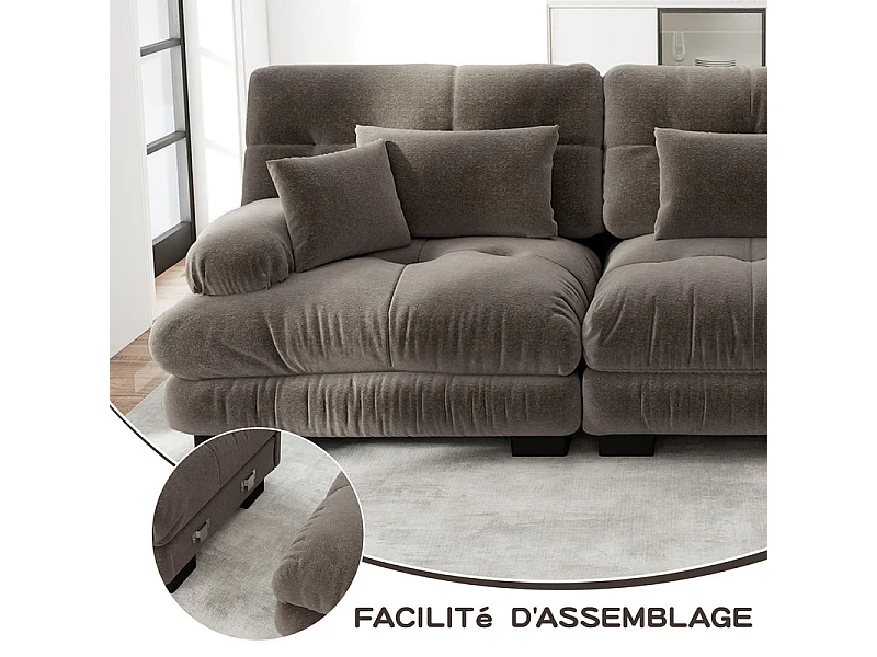 Canapé 4 places en tissu chenille, avec cossins et oreillers, 406x77x81cm, Marron